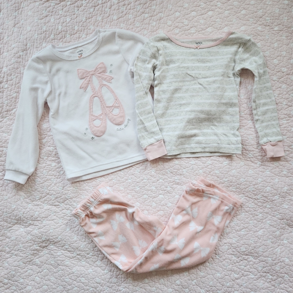 Carter's 3 Piece Pajama Set Girls 5T 5 Toddler Fleece Pink Bows Ballerina